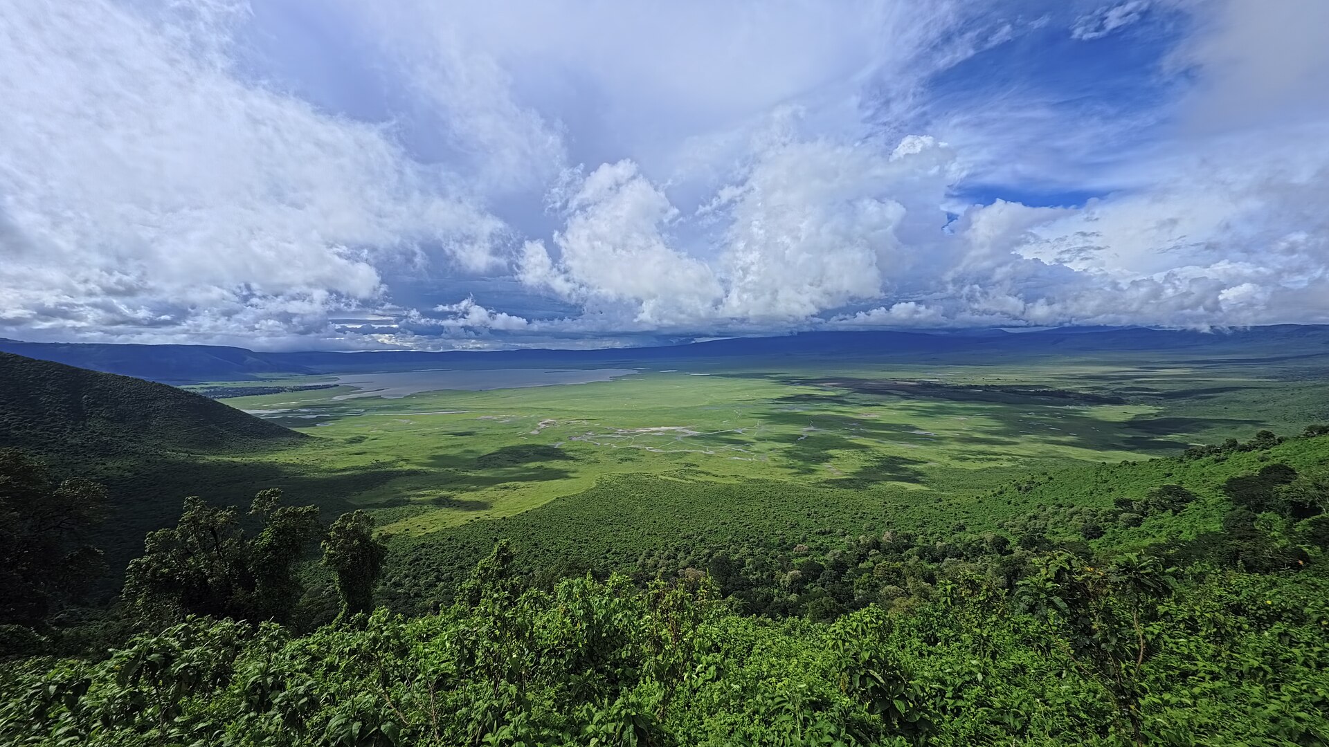 Early light over the Ngorongoro Crater floor with the soda lake and grassland below the caldera rim